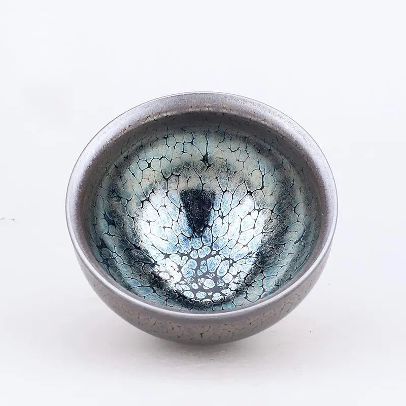 Silver-rimmed iridescent teacup with crackled glaze from Jian Zhan Gongfu Tea collection