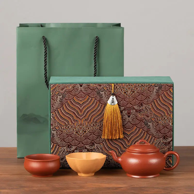 Scarlet Harmony Tea Set with handmade Zhu Clay teapot, decorative box, and gift bag