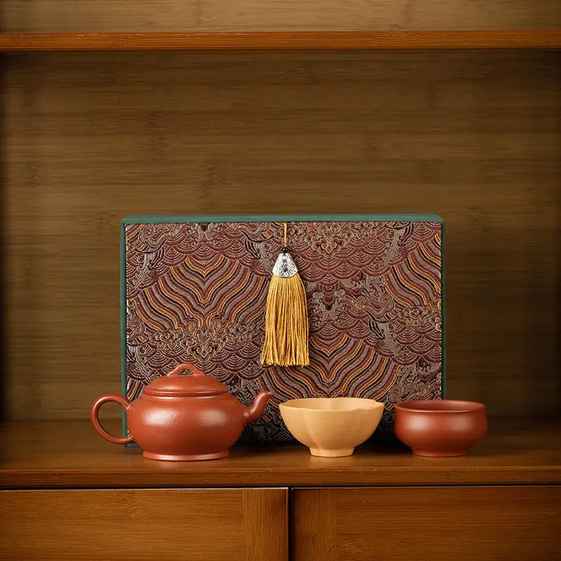Scarlet Harmony Tea Set with Handmade Zhu Clay Teapot and Decorative Box