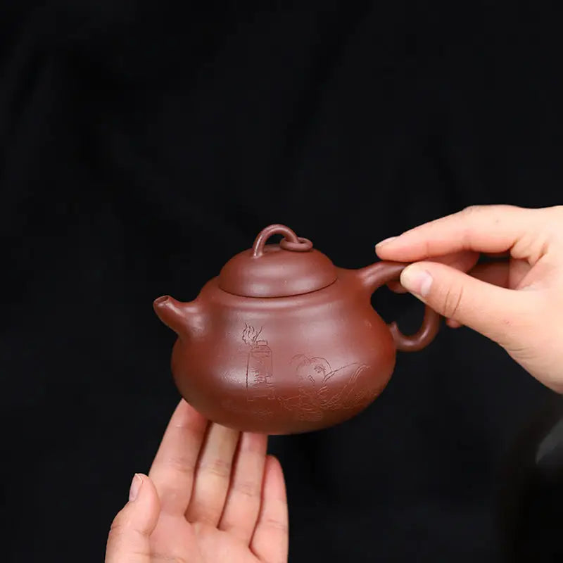 Brown clay yixing zisha teapot with handle from Scholar’s Rest, handcrafted Yixing pottery