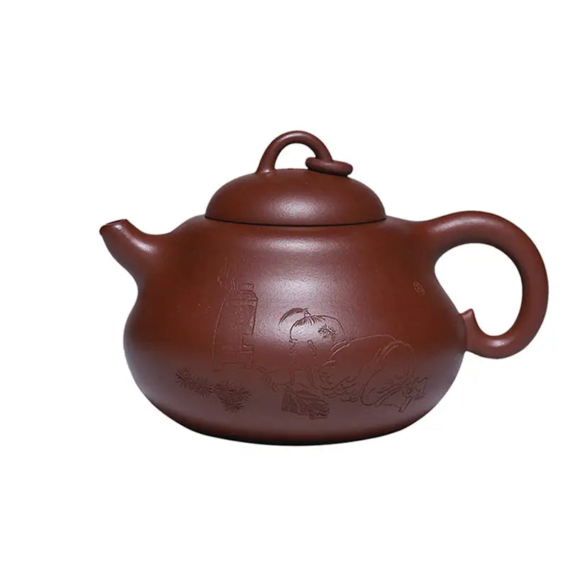 Brown ceramic Yixing Zisha teapot with etched design for Scholar’s Rest handcrafted Yixing