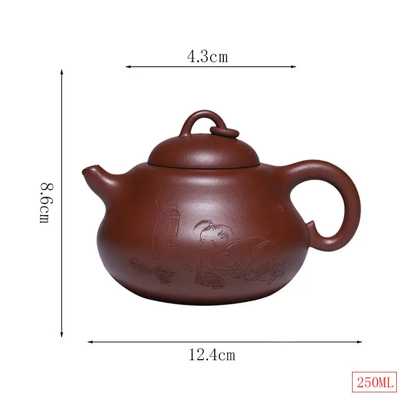 Brown ceramic Yixing Zisha Teapot with dimensions from Scholar’s Rest handcrafted Yixing collection