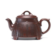 Brown Yixing Zisha teapot featuring Chinese characters from Scripture Serenity with Heart Sutra