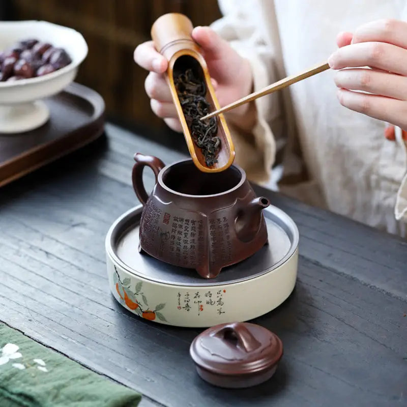Brown Yixing Zisha teapot with Chinese characters from Scripture Serenity Heart Sutra