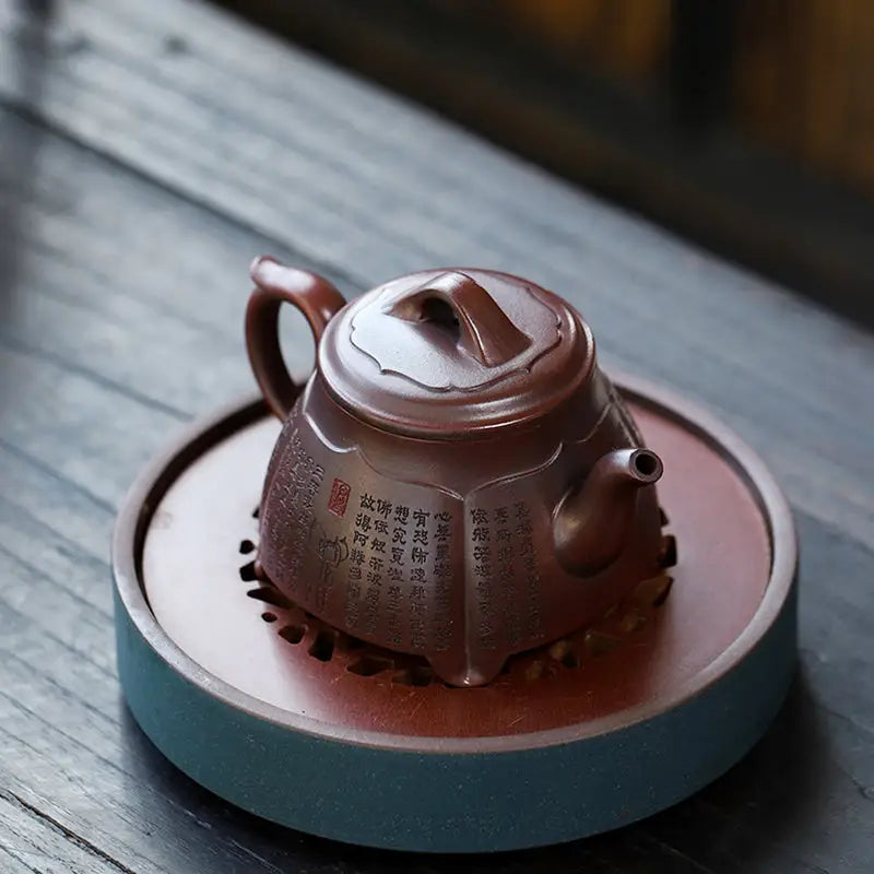 Brown Ceramic Teapot with Inscribed Text from Scripture Serenity, Yixing Zisha style