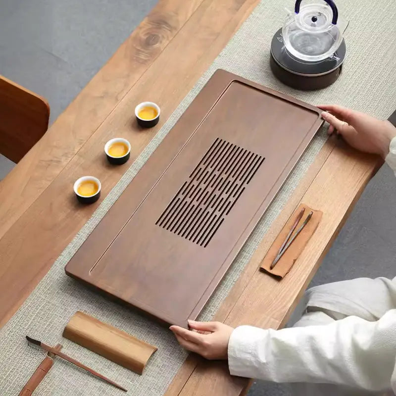 Serene Flow bamboo tea tray with rectangular design and slotted center for elegant serving