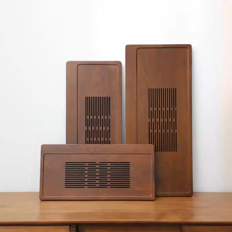 Serene Flow bamboo tea tray with three brown wooden trays and slotted drainage