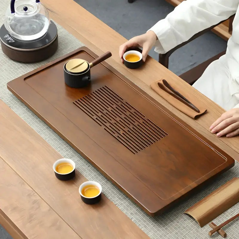 Serene Flow bamboo tea tray with drainage slats for elegant tea serving