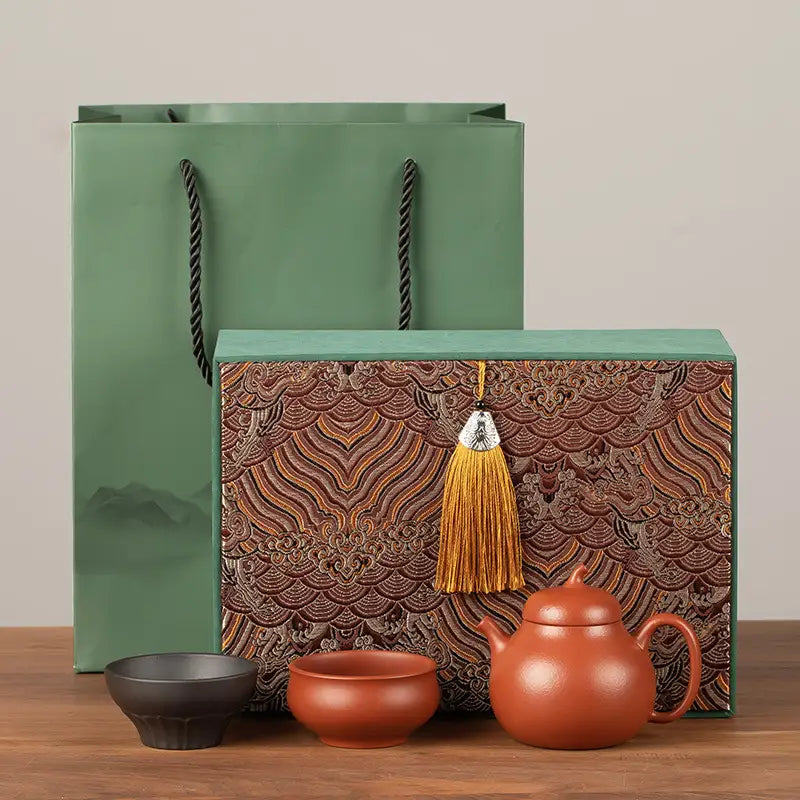 Serenity Glow Tea Set with yixing zisha teapot, decorative box, and gift bag