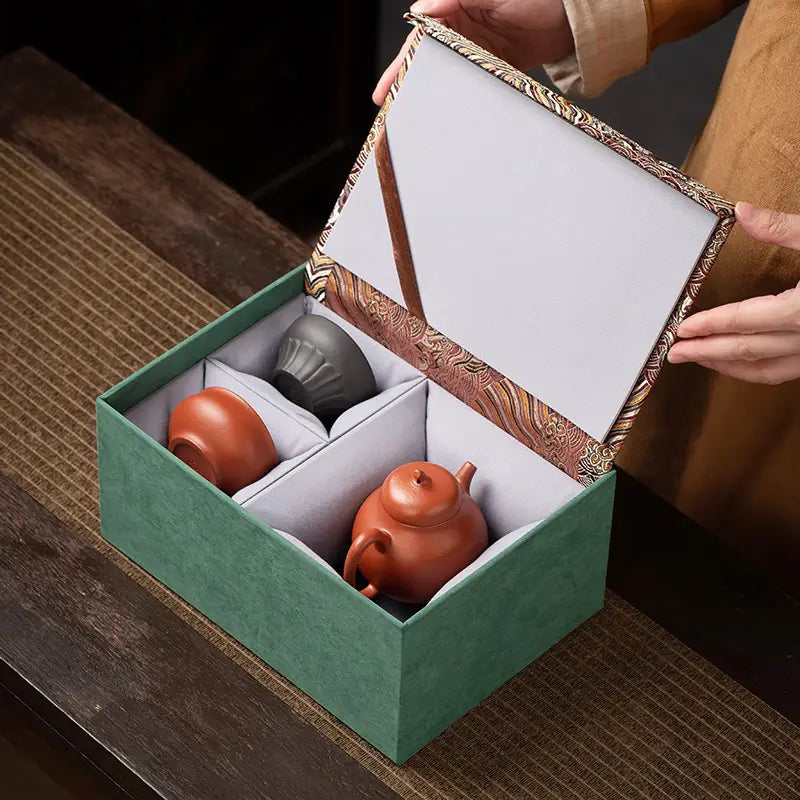 Serenity Glow Tea Set in green velvet box, handcrafted with Yixing Zisha clay