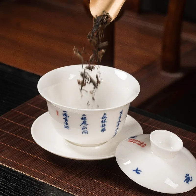 White Dehua gaiwan with blue Seven Bowls of Tea poem calligraphy – photo 1
