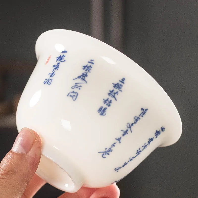 White Dehua gaiwan with blue Seven Bowls of Tea poem calligraphy – photo 2