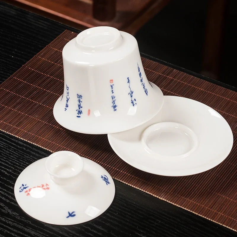 White Dehua gaiwan with blue Seven Bowls of Tea poem calligraphy – photo 3