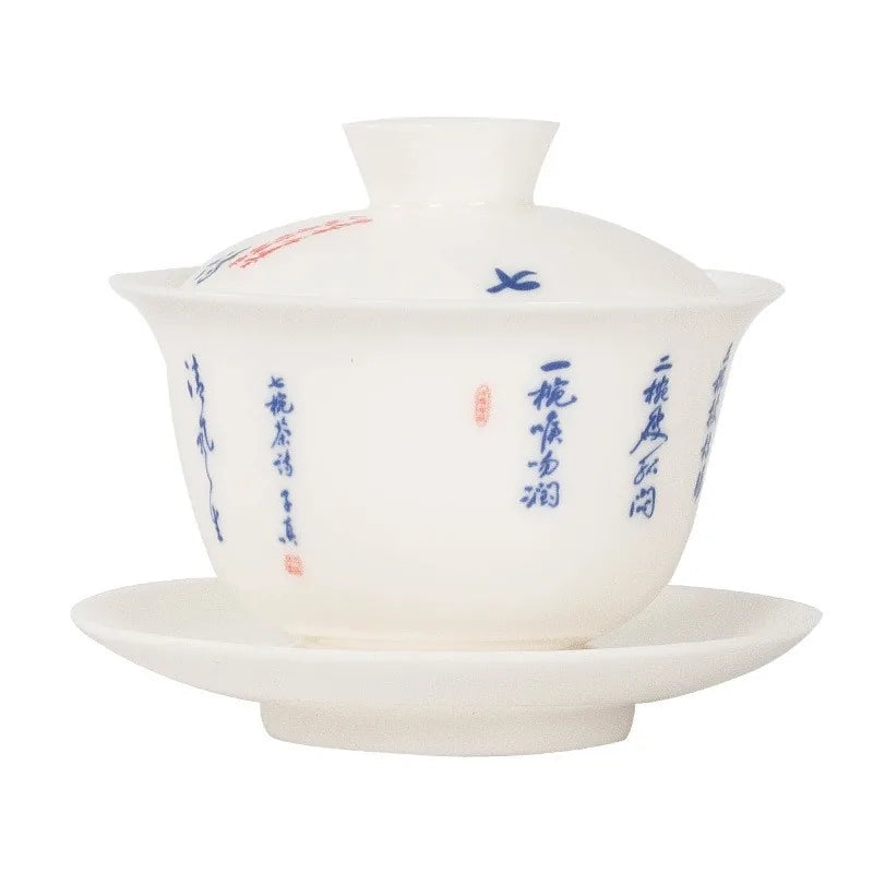White Dehua gaiwan with blue Seven Bowls of Tea poem calligraphy – photo 4