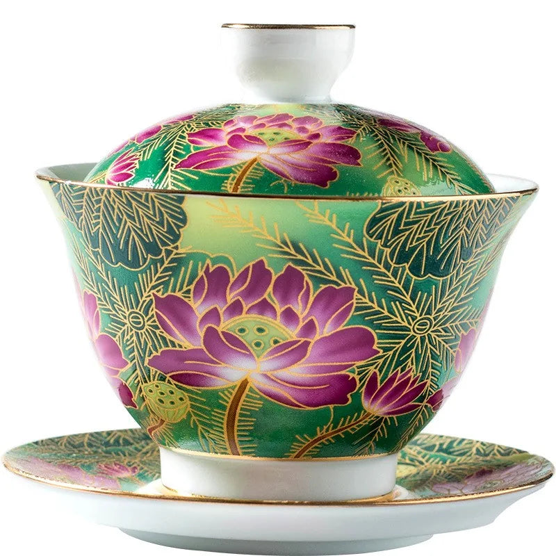 Famille rose sgraffito gaiwan with lotus and gilded rim – photo 2