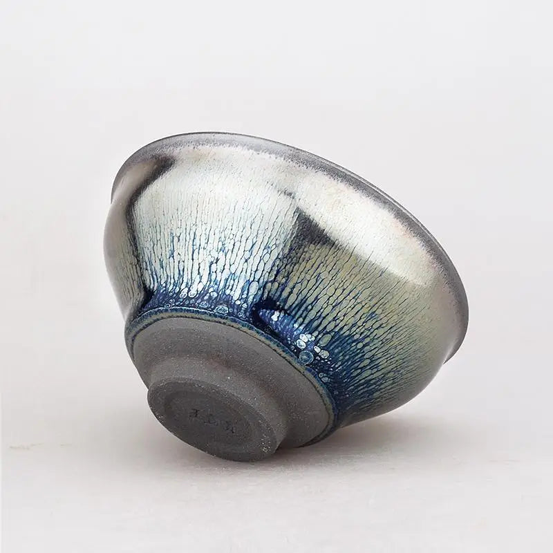 Iridescent blue and silver ceramic bowl with reflective glaze for Shiny Jian Zhan teacup
