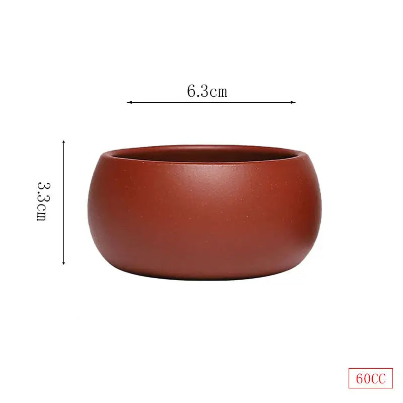 Round reddish-brown ceramic Silent Curve Cup made of Yixing Zisha clay for Gongfu tea brewing