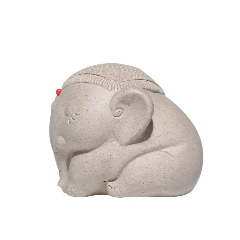 Gray elephant figurine with red dot, Silent Dharma elephant tea pet, Yixing Zisha ceramic