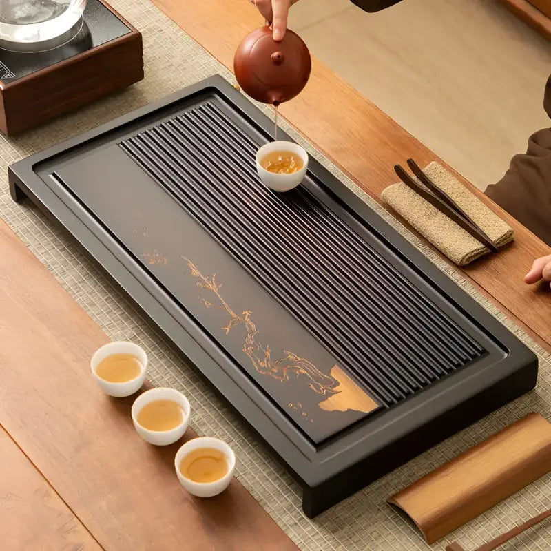 Silent Grove bamboo gongfu tea tray with black tea cups for authentic gongfu tea experience