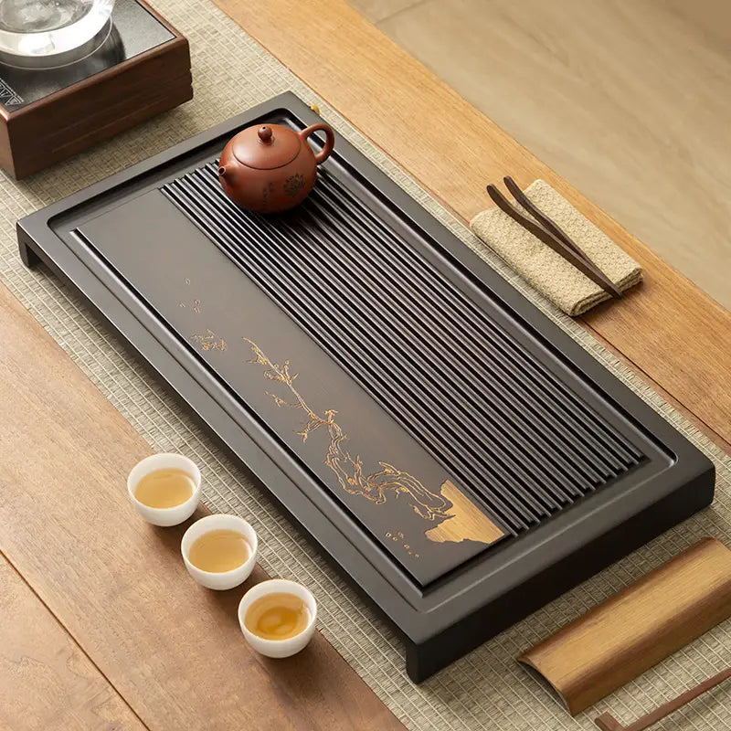Silent Grove bamboo gongfu tea tray with dark tea pot and cups for gongfu tea brewing