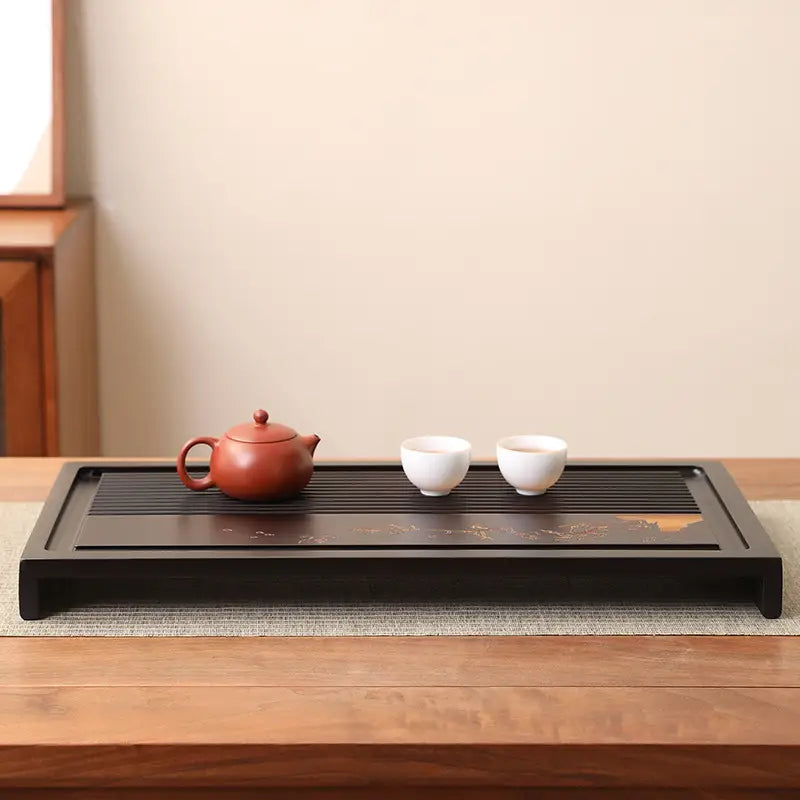 Silent Grove bamboo gongfu tea set on dark wooden tray for authentic Gongfu tea brewing