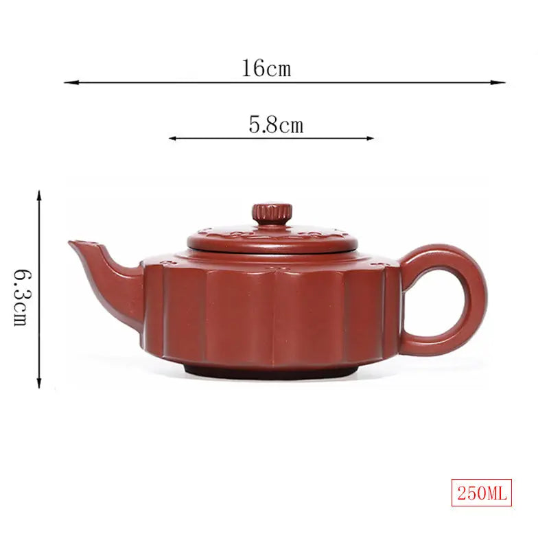 Reddish-brown Silken Ridge Yixing Zisha Clay Teapot with Dimensions