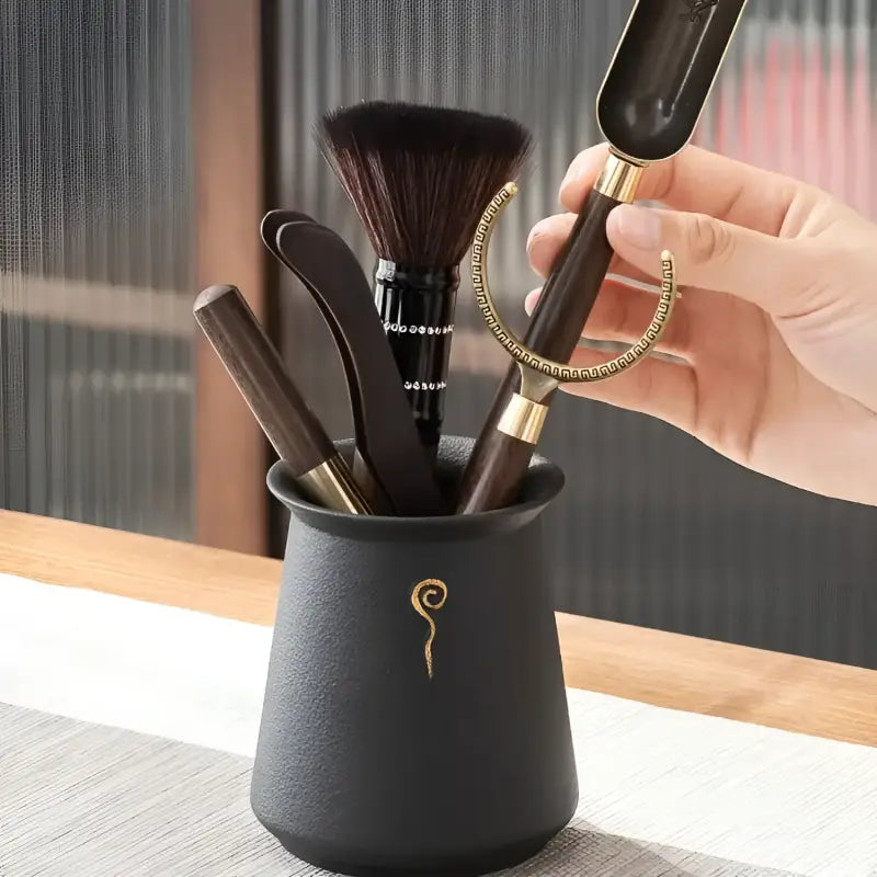 Black ceramic tea tool holder from Six Gentlemen Tea Set for Gongfu Tea Ceremony