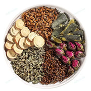 Assorted dried herbal ingredients for slimming tea featuring lotus leaf to promote intestinal motility