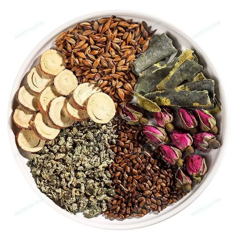 Assorted dried herbal ingredients for slimming tea featuring lotus leaf to promote intestinal motility