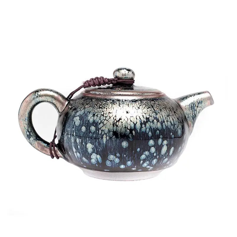 Glazed ceramic Smoke Teapot with decorative knot in tenmoku glaze for gongfu tea brewing