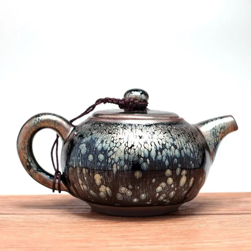 Glazed ceramic Smoke Teapot with lid featuring tenmoku glaze for gongfu tea, handcrafted in Jianyang