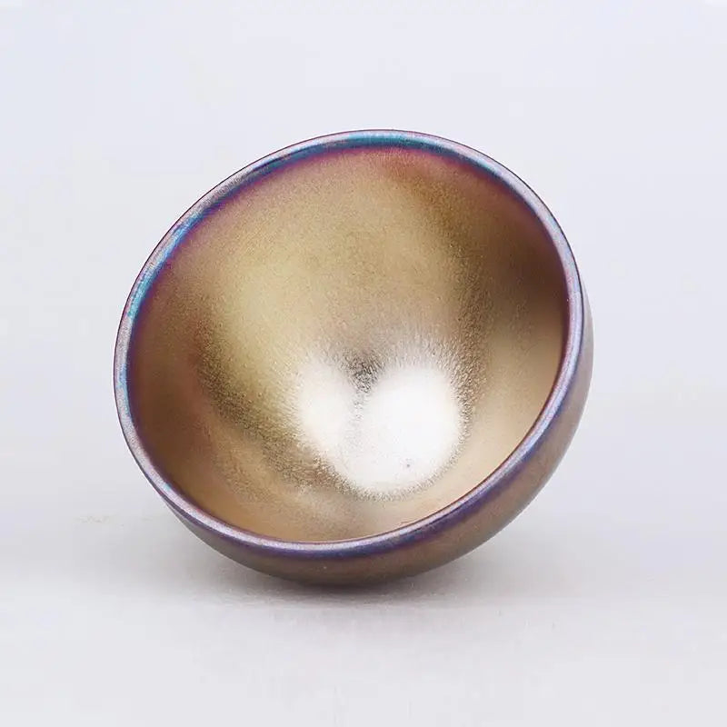 Smooth metallic gold bowl with iridescent rim for gongfu tea and jianyang tenmoku teacup Set
