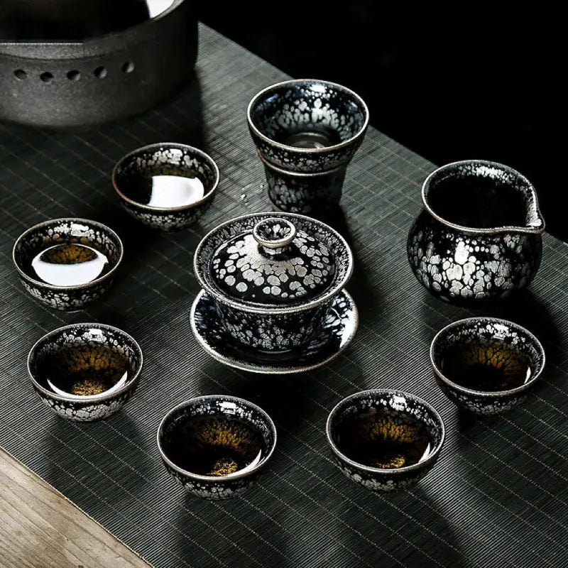 Black and silver Snowflake Tea Set featuring handmade Tenmoku teaware with crystalline glaze