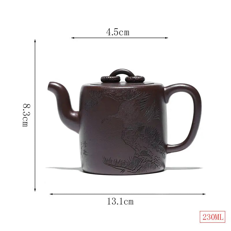 Brown Yixing Zisha Teapot with carved crane and pine motif in Soaring Tranquility collection