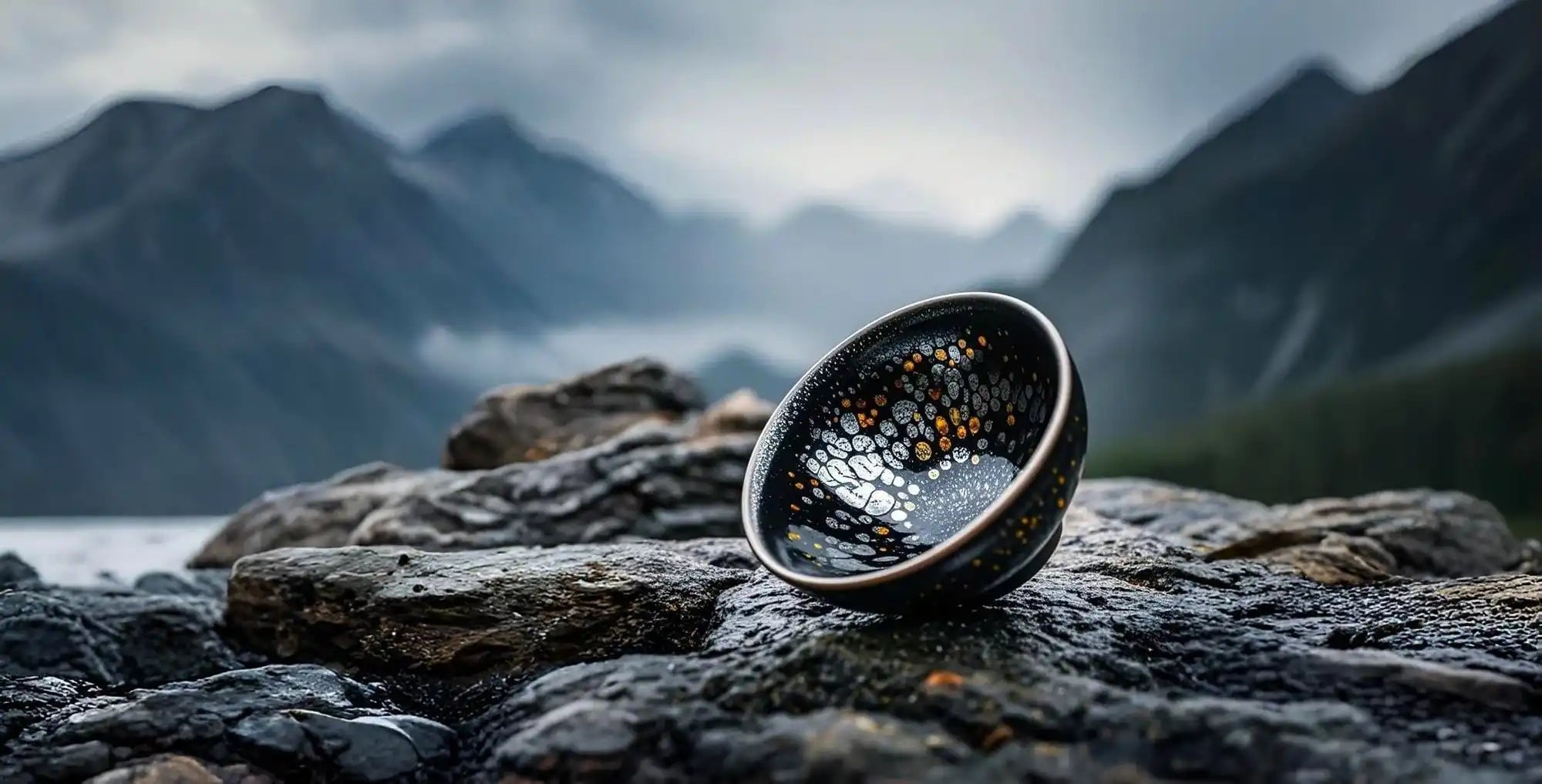 Speckled black ceramic bowl.