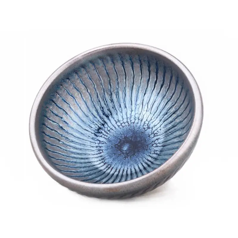 Blue and silver ceramic bowl from Spiral featuring Tenmoku style design, perfect for tea