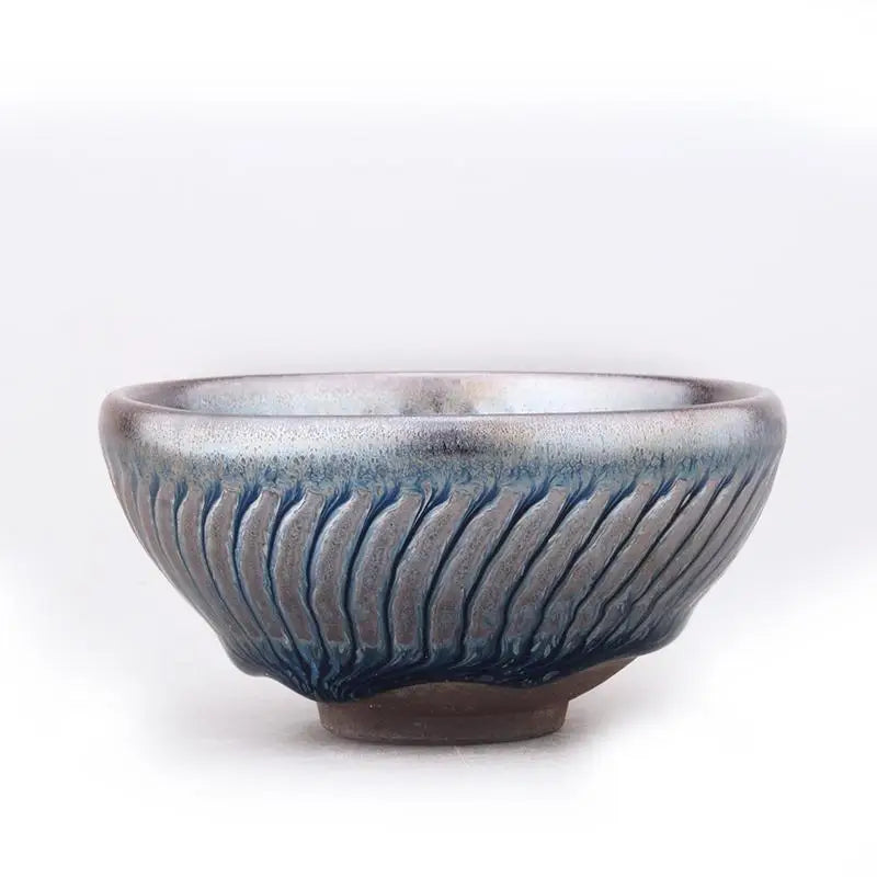 Textured blue-gray Spiral Tenmoku ceramic bowl, perfect for Jianyang Tenmoku tea drinking