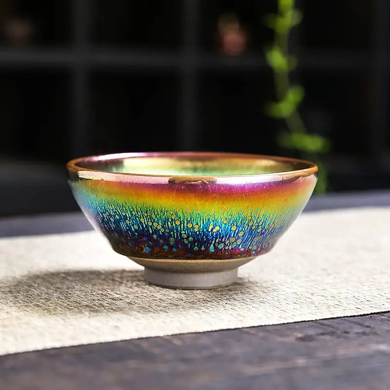 Iridescent ceramic tea cup from Splash, ideal for Jian Zhan Gongfu Tea ceremonies