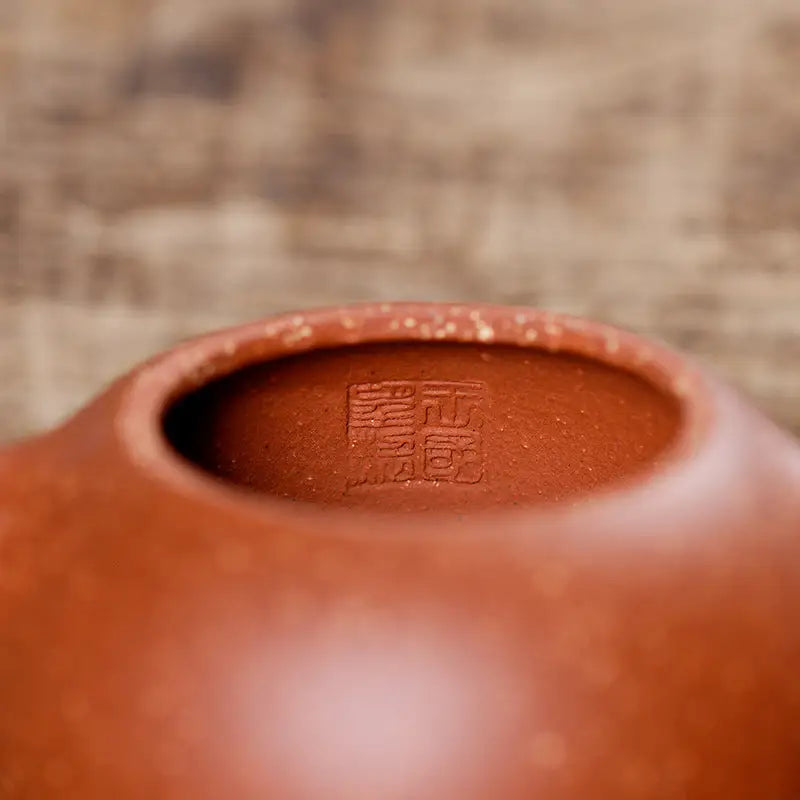 Reddish-brown Stardust Harmony Teapot interior with maker’s mark, Yixing Zisha clay authentic gongfu tea