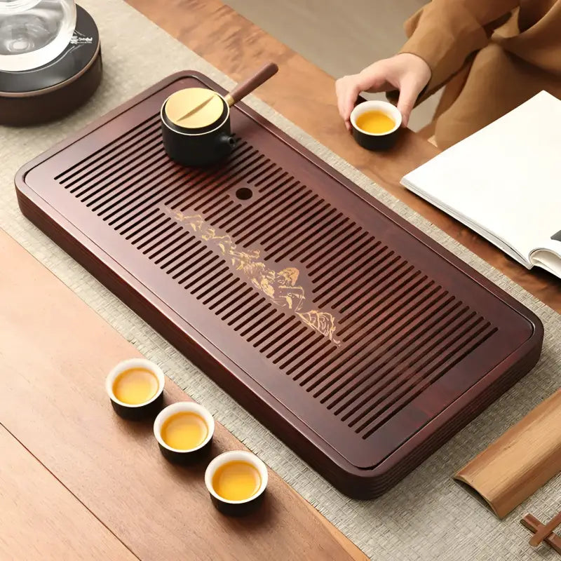 Rectangular slotted bamboo tea tray from Still Waters bamboo tea collection