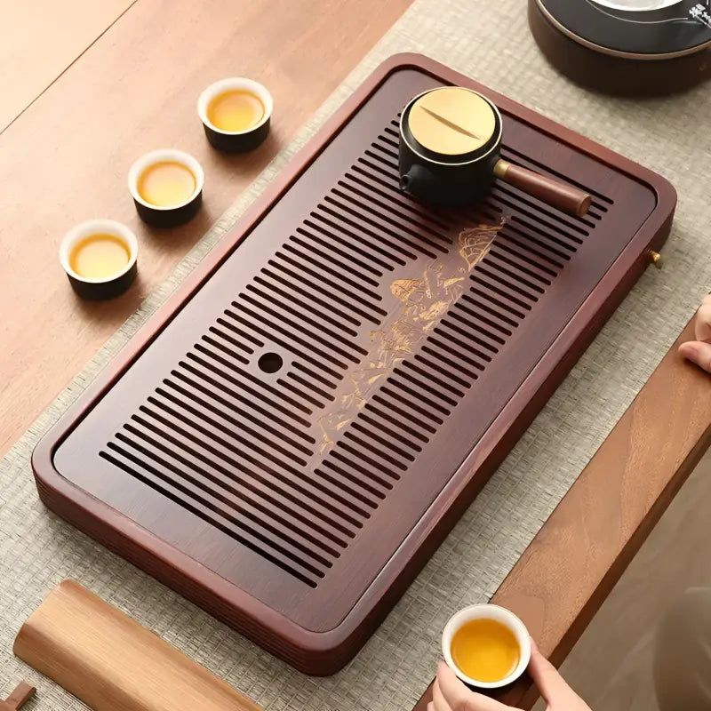 Wooden tea tray with cups and teapot, perfect as a bamboo tea tray for tea lovers