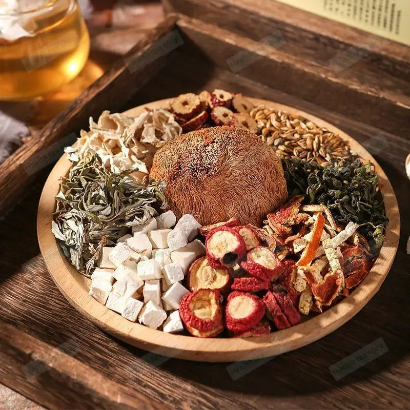 Wooden plate of dried medicinal ingredients for herbal tea health and health-enhancing herbal tea