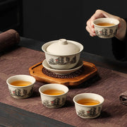 Stoneware gaiwan tea set with painted landscape, four cups and gift box – photo 1