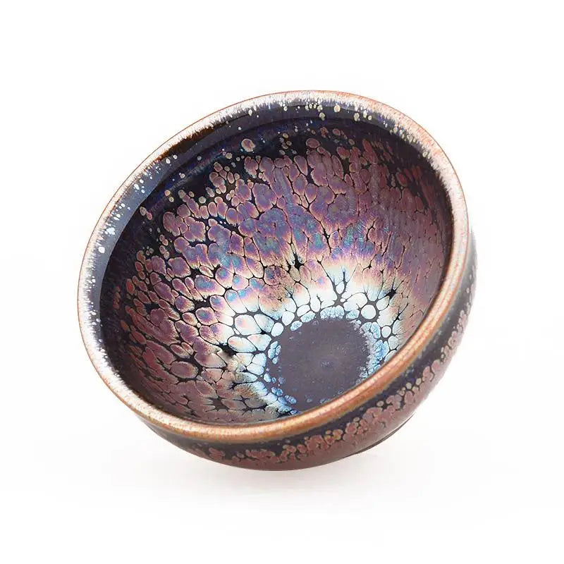 Iridescent crackled ceramic bowl from Jian Zhan with rainbow glaze for Gongfu tea and Succulent