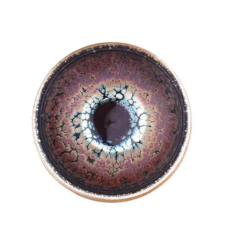 Iridescent cracked-glaze ceramic bowl from Jian Zhan with rainbow glaze, ideal for Gongfu tea