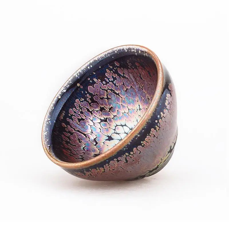 Iridescent ceramic tea bowl with rainbow glaze from Jian Zhan for Gongfu tea brewing