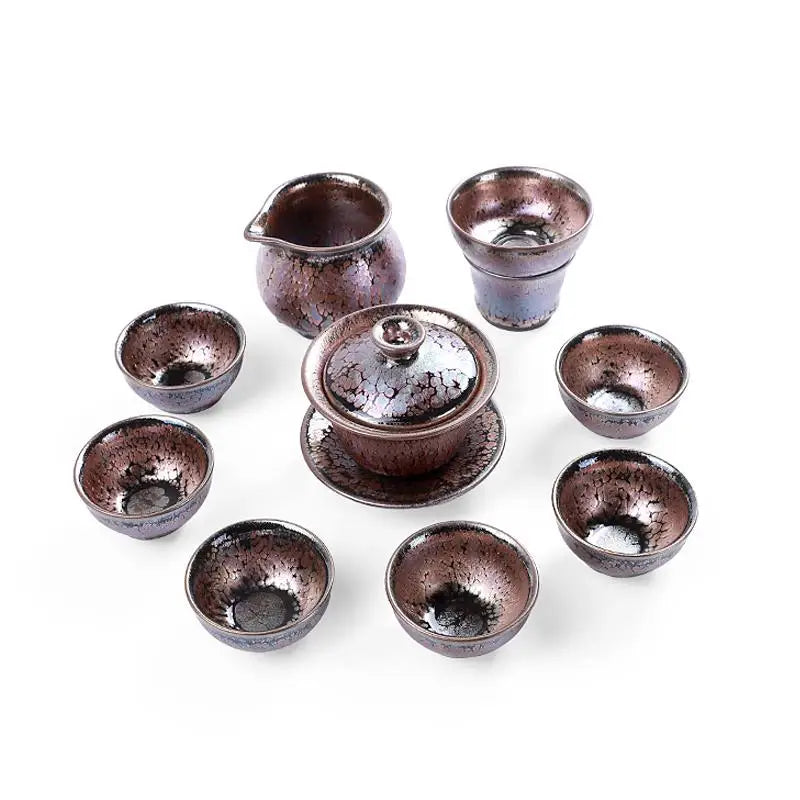 Succulent Tea Set with iridescent glaze in tenmoku pottery Jian Zhan style