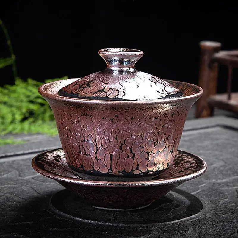 Metallic-glazed succulent tea set made with Tenmoku pottery and Jian Zhan craftsmanship