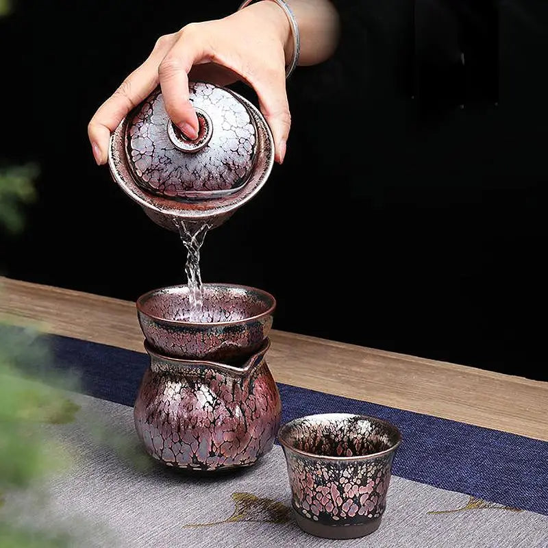 Succulent Tea Set in tenmoku pottery with metallic glaze, inspired by Jian Zhan craftsmanship