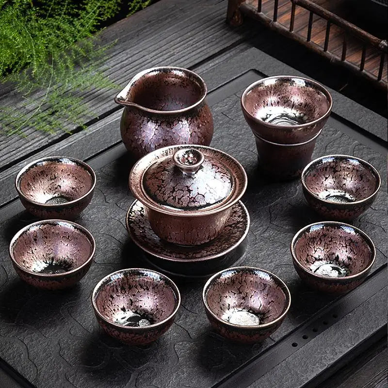 Elegant succulent tea set with metallic glaze featuring Tenmoku Pottery and Jian Zhan accents
